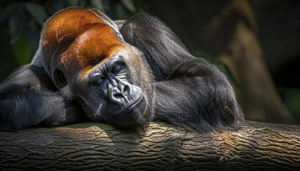 A silverback gorilla peacefully resting on a tree trunk, illustrating how gorillas choose safe and comfortable nesting spots in the wild